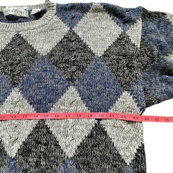 VTG HENRY GRETHEL Sweater Argyle Gray Blue XL Y2K 90s Handframe Knit Abstract - Picture 7 of 12